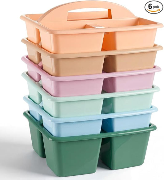 Kathfly 6 Pack Classroom Caddy Organizer with Handle, Plastic Art Craft Cleaning Caddy Bulk, Small Multipurpose Supply Organization Storage Basket for Table Desk Office Pencil Teacher (Morandi Color)