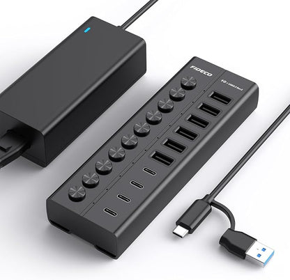FIDECO 60W Powered USB Hub for Laptop and PC, 10-Port 10Gbps USB Splitter with 12V 5A Power Adapter, Aluminum USB 3.2 Gen 2 Multiport Adapter, 6 USB-A and 4 USB-C Ports, Support BC1.2 Charging (Black)