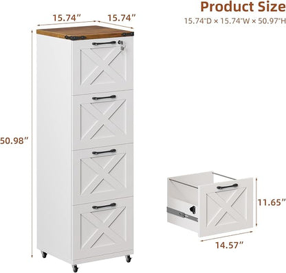 Vabches Vertical Farmhouse Locking Rolling File Cabinet, Office Filing Cabinet with 4 Drawers & Wheels for Hanging Files Letter/A4，Printer Stand for Home Office
