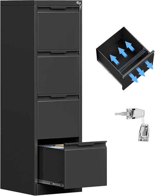 4 Drawer File Cabinet, Vertical Filing Cabinets for Home Office, 17.8" d Metal File Cabinets with Lock, Black Deep File Cabinets for Legal/Letter Size File, Easy Assembly