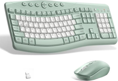 Wireless Keyboard and Mouse Combo,2.4G Full Size Ergonomic Curved Silent Keyboard with Fn Multimedia Keys for Office and Home, 3-DPI Quiet Mouse for Windows,Mac OS Desktop/Laptop/PC (Avocado Green-B)