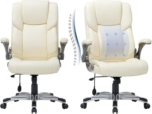 COLAMY Leather Executive Office Chair- High Back Home Computer Desk Chair with Padded Flip-up Arms, Adjustable Tilt Lock, Swivel Rolling Ergonomic Chair for Adult Working Study-Lvory, Set of 2