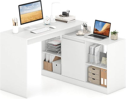 Tangkula Reversible L-Shaped Desk w/Storage Cabinet & 4 Shelves, White Corner Desk for Writing Study, Modern Computer Desk for Small Spaces, Executive Laptop Workstation for Home Office