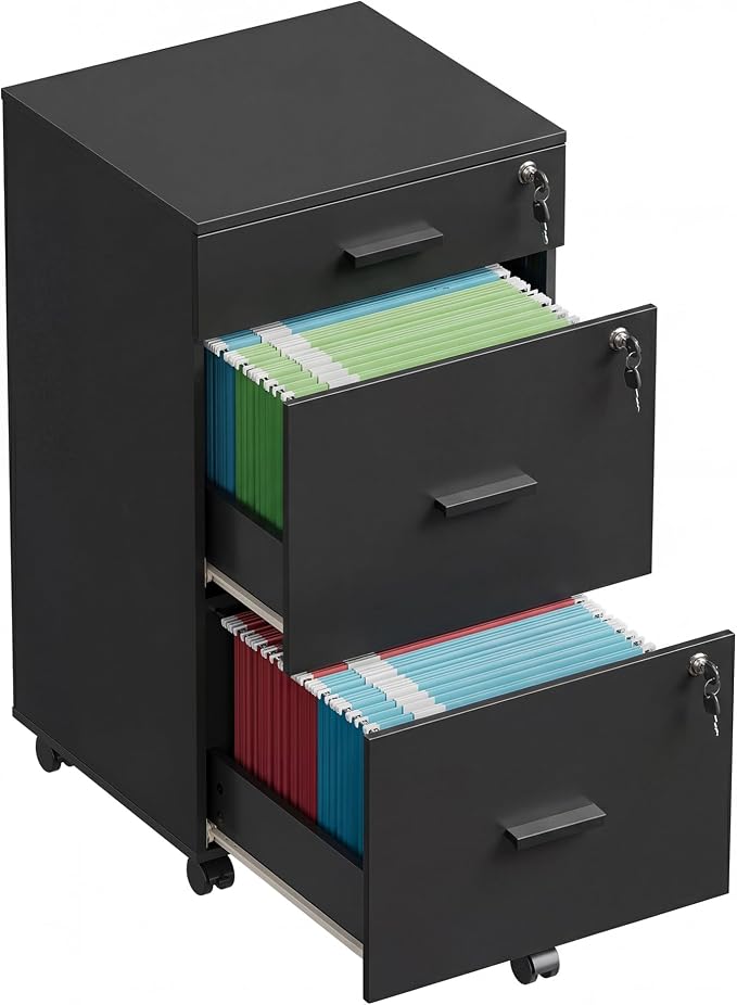 DEVAISE 3 Drawer Mobile File Cabinet with Lock & Wheels, Wood Printer Stand, Filing Cabinets for Home Office, Fits Letter/A4 Size, Black
