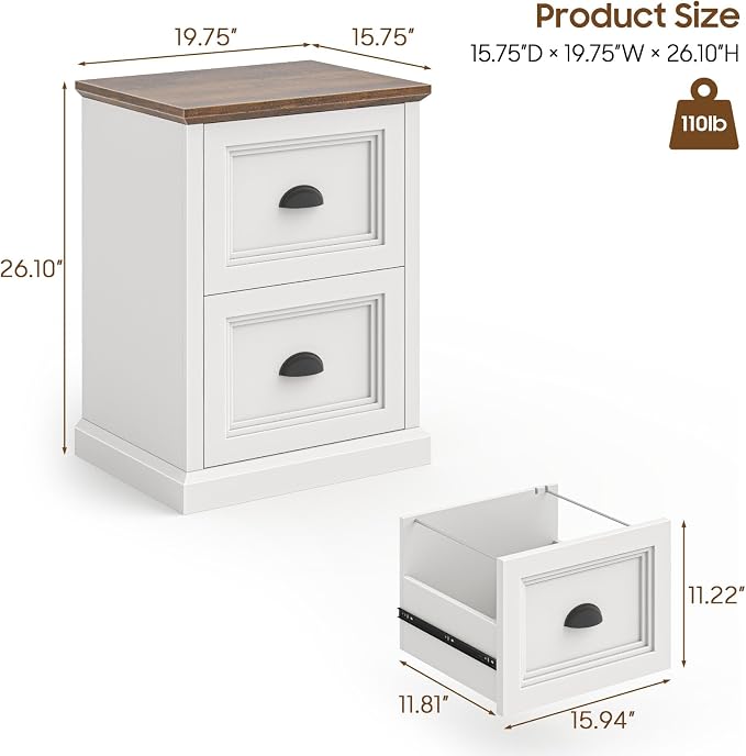 Halitaa Vertical File Cabinet, Filing Cabinet with 2 File Drawers, Farmhouse Small File Cabinet Fits Letter/A4 Size, Wooden Printer Stand, Under Desk Cabinets for Home Office, White