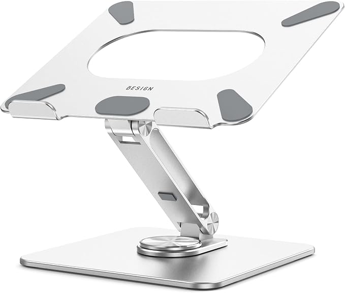 BESIGN LSX7 Laptop Stand with 360 Rotating Base, Ergonomic Adjustable Notebook Riser, Foldable Computer Holder Compatible with 10-15.6" Laptops (Silver)