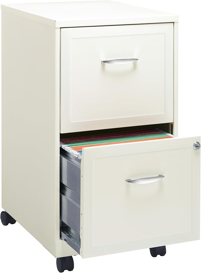 Space Solutions - 2 Drawer Fully Assembled Vertical Steel File Cabinet, Home & Small Office Use, Fits Under Most Desks, Letter-Size, Lock, Mobile, Pearl White