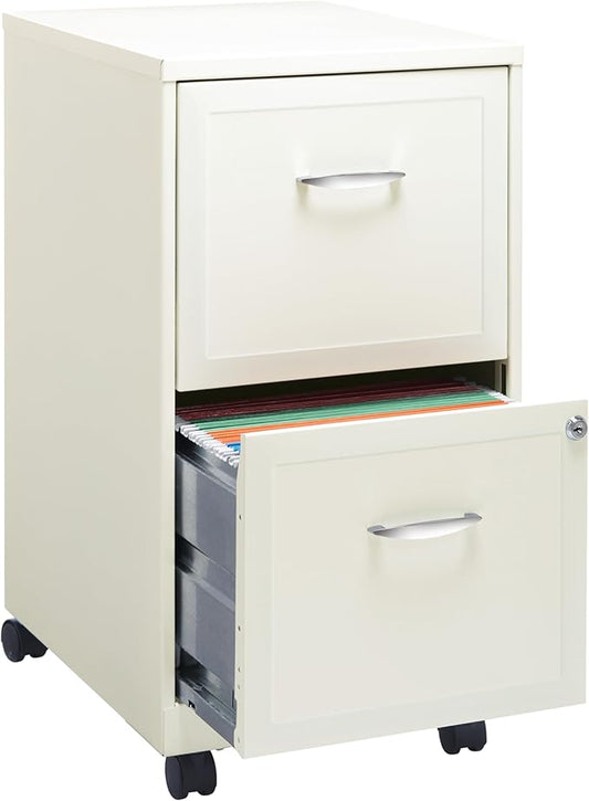 Space Solutions - 2 Drawer Fully Assembled Vertical Steel File Cabinet, Home & Small Office Use, Fits Under Most Desks, Letter-Size, Lock, Mobile, Pearl White