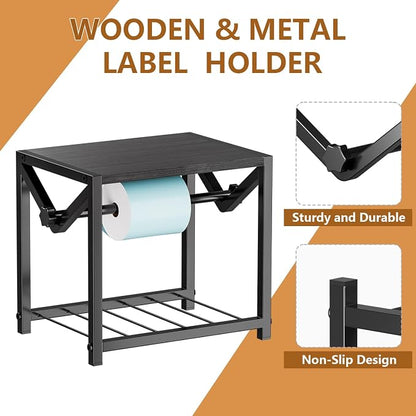 Label Holder for Rolls and Fanfold Labels, Wooden & Metal Thermal Sticker Label Printer Holder for Desktop, Sticker Roll Holder for Home Office Small Business Essentials, Black