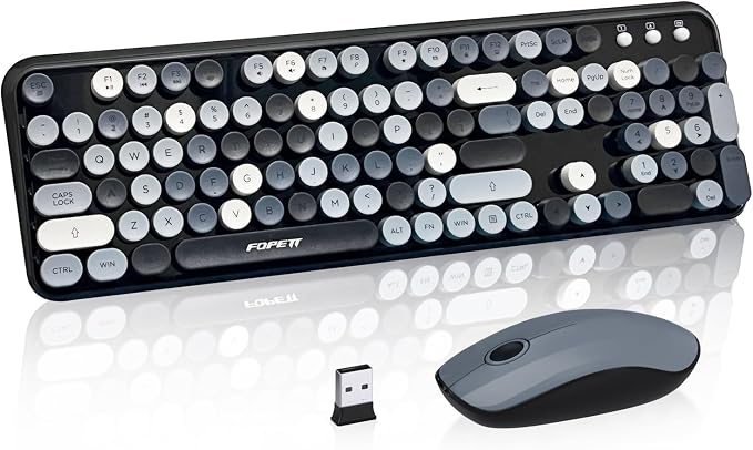 FOPETT Wireless Keyboard and Mouse Combo, 105 Keys Full-Sized 2.4 GHz Round Keycap Colorful Keyboards, USB Receiver Plug and Play, for Windows, Mac, PC, Laptop, Desktop (Grey Colorful)