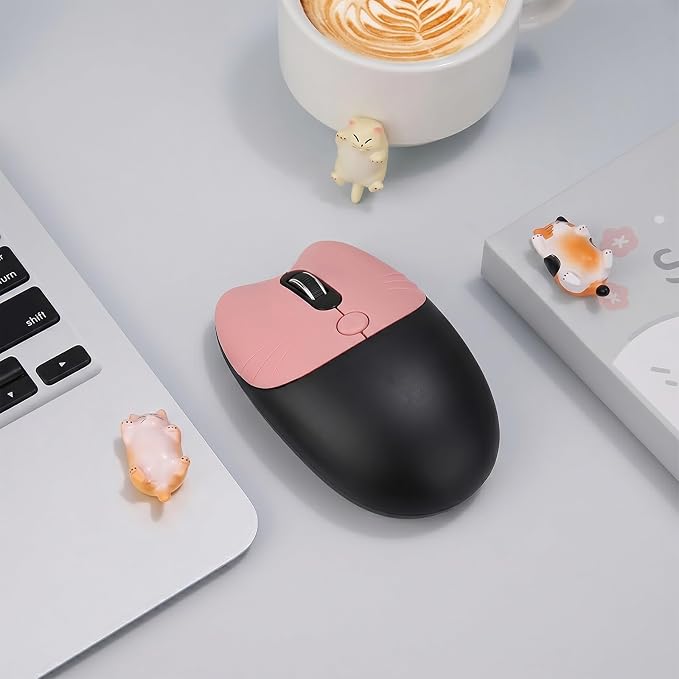 Cute Cat 2.4G USB Wireless Keyboard and Mouse Combo, Silent Keys, Candy Colors, Compatible with Notebook, PC (BlackPink-84Keys)
