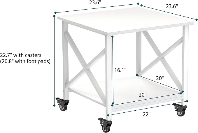 Printer Stand, 23.6 x 23.6 Inches Large Printer Stand with Storage Shelf, 2 Tier Printer Table for Home Office, Rolling Printer Cart with Industrial Wheels, Mini Fridge Stand Table, White