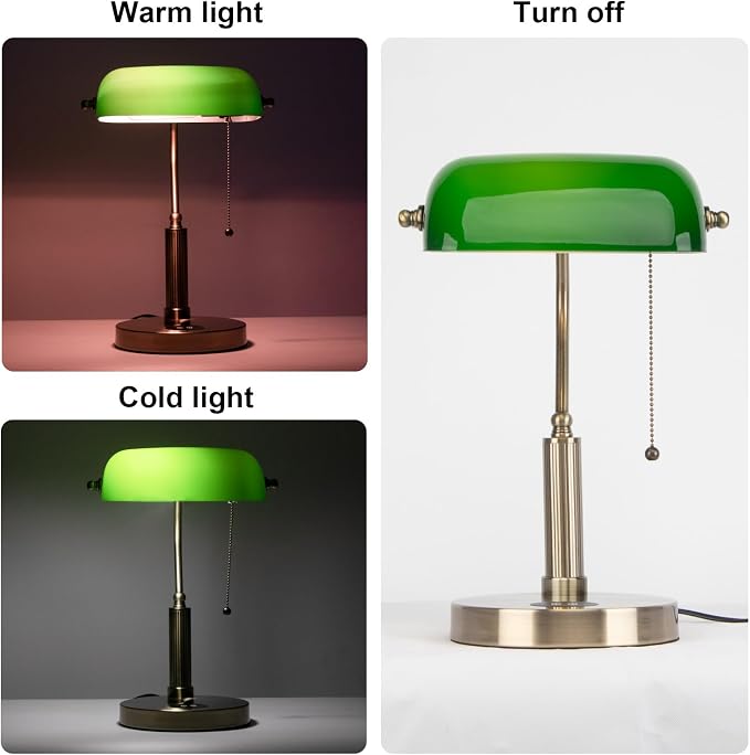FIRVRE Green Glass Bankers Desk Lamp USB Wireless Charging Port LED Table Lamp Classic Retro Pull Chain Switch Reading Lamp for Home Office Workplace Library Piano