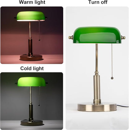 FIRVRE Green Glass Bankers Desk Lamp USB Wireless Charging Port LED Table Lamp Classic Retro Pull Chain Switch Reading Lamp for Home Office Workplace Library Piano