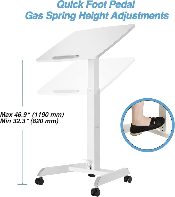 AVLT 47" Height Adjustable Mobile Workstation with Tilting Desk - White | 3 ft 11 inches - Foot Pedal Pneumatic Standing Desk Cart - Mobile Laptop Cart - Mobile Cart with Brake Casters