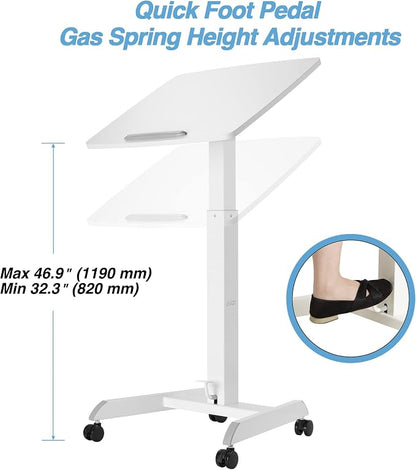 AVLT 47" Height Adjustable Mobile Workstation with Tilting Desk - White | 3 ft 11 inches - Foot Pedal Pneumatic Standing Desk Cart - Mobile Laptop Cart - Mobile Cart with Brake Casters