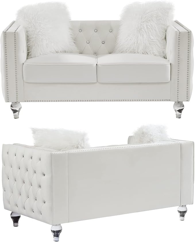 mikibama Velvet Loveseat with Buttons and Square Arms 59 Inch Tufted Sofa with Trimmed Nailhead and Acrylic Legs Loveseat Couch for Living Room,Bedroom (Beige-Crystal Legs, Loveseat)