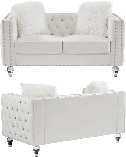 mikibama Velvet Loveseat with Buttons and Square Arms 59 Inch Tufted Sofa with Trimmed Nailhead and Acrylic Legs Loveseat Couch for Living Room,Bedroom (Beige-Crystal Legs, Loveseat)