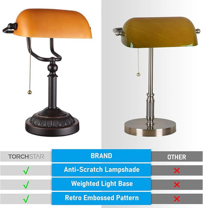 TORCHSTAR Amber Glass Bankers Desk Lamp with Pull Chain, E26 Base | Retro Weighted Base, Antique Traditional Library Lamp for Office Study Room, Bulbs not Included