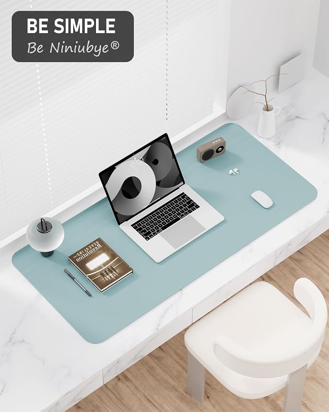 Desk Pad, 35.5" x 17" PU Leather Non-Slip Desk Mat Large Mouse Pad for Desktop, Waterproof Laptop Computer Writing Mat for Office, Home, Work, Gaming, Lake Blue
