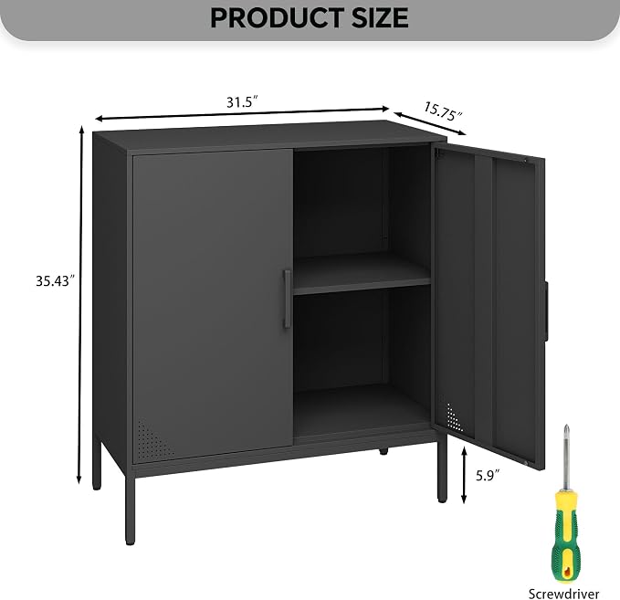 Steehoom Metal Storage Cabinet with Adjustable Shelves, Steel Buffet Sideboard for Entryway, Garage, Dining Room, Kitchen, Office, Bar (Black, 31.5" D x 15.75" W x 35.43" H)