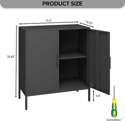 Steehoom Metal Storage Cabinet with Adjustable Shelves, Steel Buffet Sideboard for Entryway, Garage, Dining Room, Kitchen, Office, Bar (Black, 31.5" D x 15.75" W x 35.43" H)