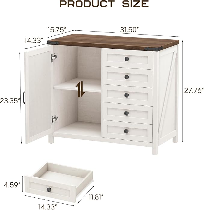 Halitaa 5 Drawer Storage Cabinet, Office Storage Cabinet with Door and Adjustable Shelf, Large Farmhouse Printer Stand for Home Office, Rustic White