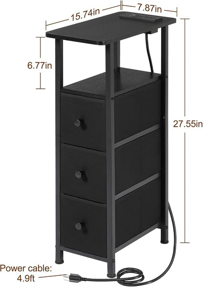 LOAKEKEL Narrow End Tables Living Room Set of 2 with Charging Station, Skinny Side Table with Fabric Drawers, Slim Nightstand for Bedroom, Small Spaces, Couch, Black, HETNDP03BK