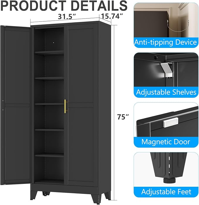pozdeg 75" Tall Metal Storage Cabinet with 2 Doors & 5 Adjustable Shelves, Steel File Cabinet Multipurpose Organizer for Home Office Garage (Black)