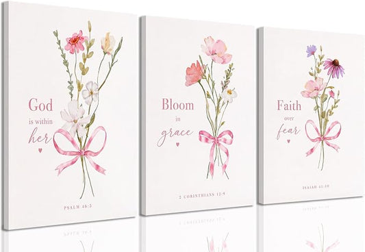 Baby Girl Nursery Wall Art Set of 3 Pink Bow Floral Canvas Prints, Christian Bible Verse Nursery Decor, Cute Flower Posters Pictures with Scripture for Girls Room Bedroom Framed 16x24 Inch