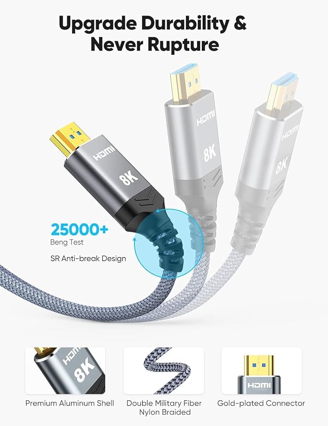 Highwings Long 8K Fiber Optic HDMI Cable 40 FT, 2.1 Unidirectional 48Gbps High-Speed Slim HDMI Braided Cord 8K60Hz 4K120Hz HDR/eARC HDCP 2.2/3D Compatible for PS5 and DVD Player