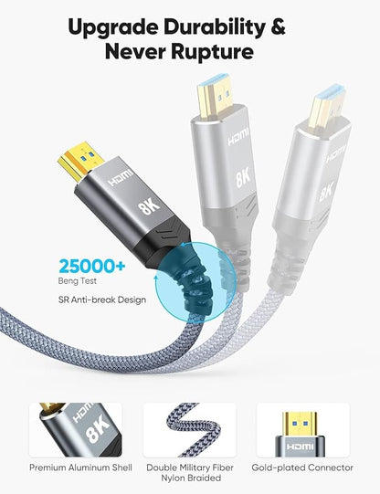Highwings Long 8K Fiber Optic HDMI Cable 40 FT, 2.1 Unidirectional 48Gbps High-Speed Slim HDMI Braided Cord 8K60Hz 4K120Hz HDR/eARC HDCP 2.2/3D Compatible for PS5 and DVD Player