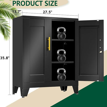 winiowa Tall Metal Storage Cabinet with Lock, Locking File Cabinet with 2 Doors and 2 Adjustable Shelves, Black Lockable Organizer for Home Office Garage（27.6" W）