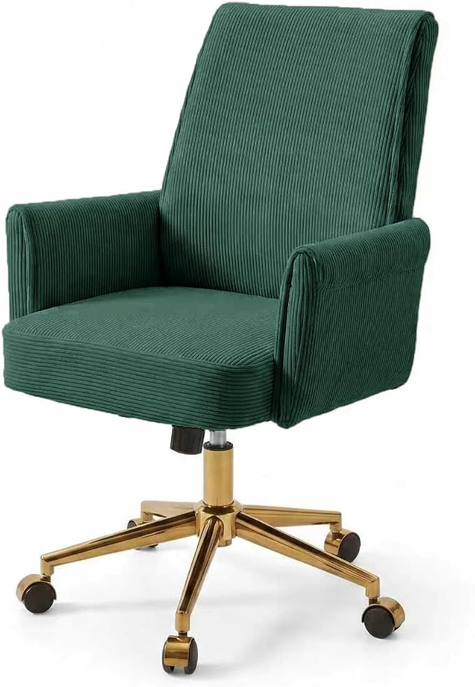 Striped Velvet Office Chair, 360° Swivel Ergonomic Task Chair with High Back, Gold Base and Wheels, Height Adjustable Modern Accent Chair for Home Office, Living Room, Study, Vanity Room (Green)