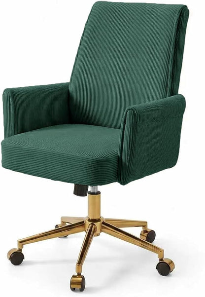 Striped Velvet Office Chair, 360° Swivel Ergonomic Task Chair with High Back, Gold Base and Wheels, Height Adjustable Modern Accent Chair for Home Office, Living Room, Study, Vanity Room (Green)