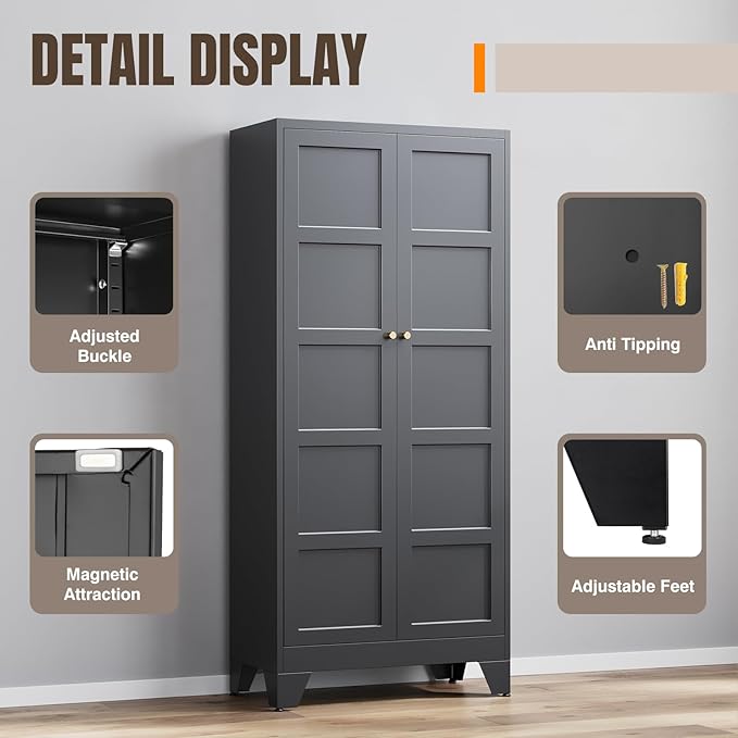 Yizosh Metal Pantry Cabinet,- 72" Black Kitchen Pantry Storage Cabinet with Doos and Adjustable Shelves for Kitchen, Living Room,Dining Room,Home