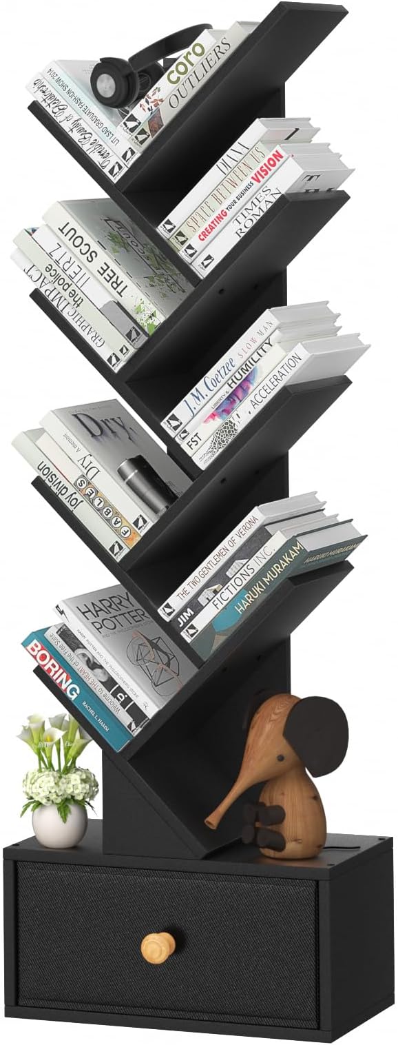 SHEEPAM 8 Tier Tree Bookshelf with Drawer, Free Standing Wood Bookcase for Living Room, Bedroom, Home Office, Space Saving Storage Organizer Bookshelves for Books, CDs, Vinyl Records- Black