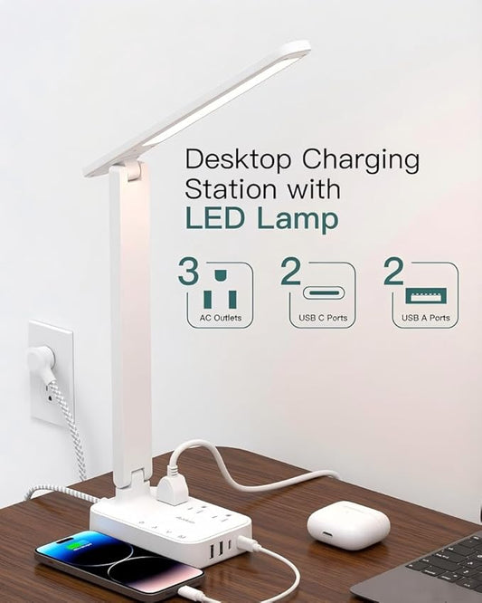 Addtam LED Desk Lamp, Power Strip with 3 Outlets 4 USB Charging Ports(2 USBC), 4 Modes 5 Level Brightness Touch Lamp, Small Desk Lamp for Home Office College Dorm Room Essentials, White