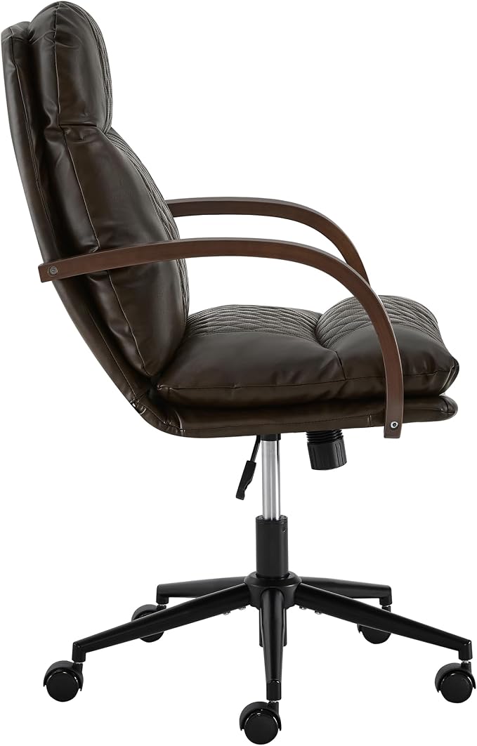 KISLOT Home Office Desk Chair, Ergonomic Office Chair with Lumbar Support, Adjustable Swivel Computer Chair with Wheels, Faux Leather Executive Task Chair with Wood Arms, Set of 2, Espresso