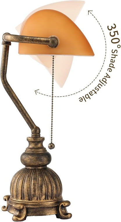 Retro Amber Glass Bankers Desk Lamp,LED Bulb Included | Pull Chain Switch for Home Office Library Plug in Fixture