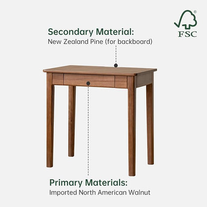 Walnut Solid Wood Desk, Mid-Century Modern Home Office Computer Desk with Drawers, Writing Table for Study, Bedroom & Workstation 31.49" W
