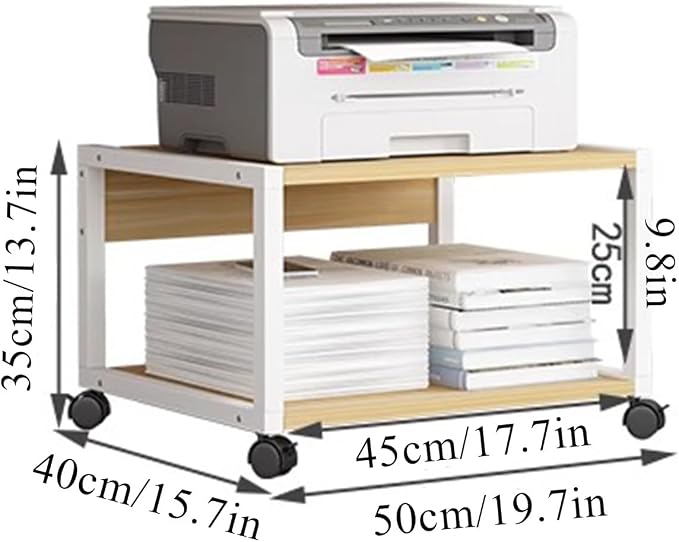 2 Tiers Rolling Under Desk Printer Stand,Office Movable Printer Desk with 4 Wheels & Lock Mechanism,Heavy Duty Storage Rack for Office and Home(Internal Height 25cm(9.8in), Natural)