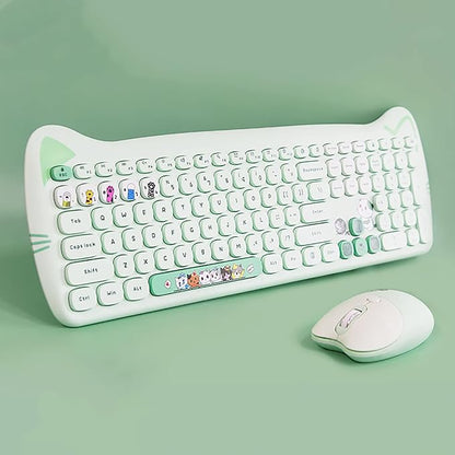 Cute Cat 2.4G USB Wireless Keyboard and Mouse Combo, Silent Keys, Candy Colors, Compatible with Notebook, PC (Green-110Keys)