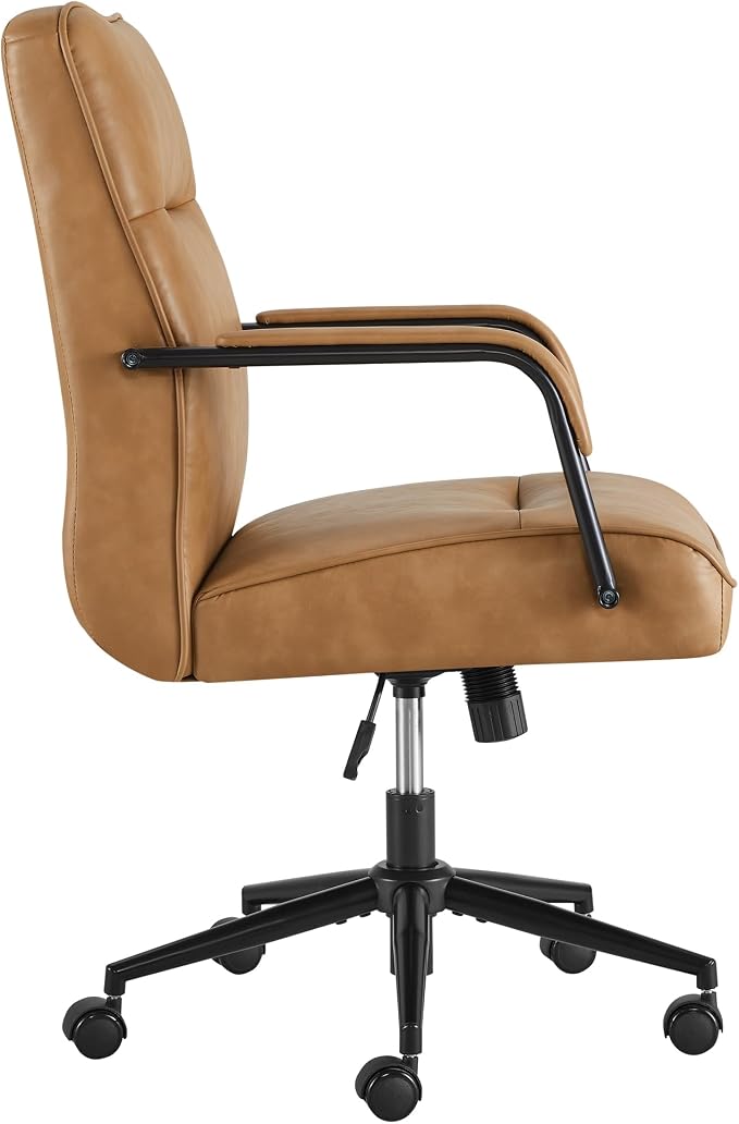 KISLOT Ergonomic Home Office Chair with Lumbar Support, Adjustable Swivel Modern Desk Chair with Wheels, Faux Leather Computer Chair with Padded Arms, Comfy Executive Office Chair, Camel Brown