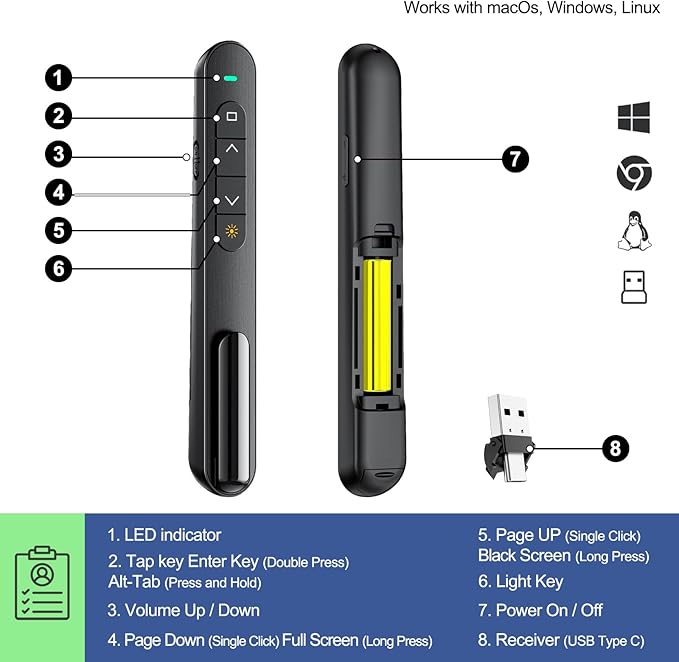 QUI Presentation Clicker with Volume Control, 2.4GHz USB Wireless Presenter Remote, PowerPoint Clicker Slide Advancer Compatible with Mac, Windows, Google Slides, Keynote