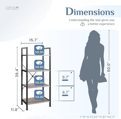 DUMOS 4 Tiers Open Bookshelf, Classic Freestanding Tall Display Shelf, Multifunctional Storage Organizer Rack for Living Room Home Office, Sturdy Bookcase for CDs/Books/Movies, Wood Grey