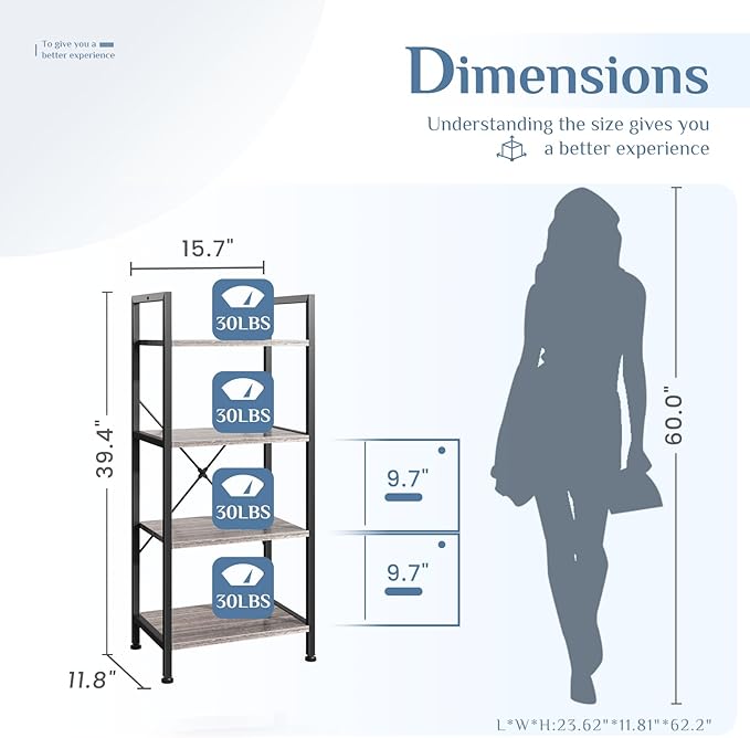 DUMOS 4 Tiers Open Bookshelf, Classic Freestanding Tall Display Shelf, Multifunctional Storage Organizer Rack for Living Room Home Office, Sturdy Bookcase for Books/Movies, Wood Grey