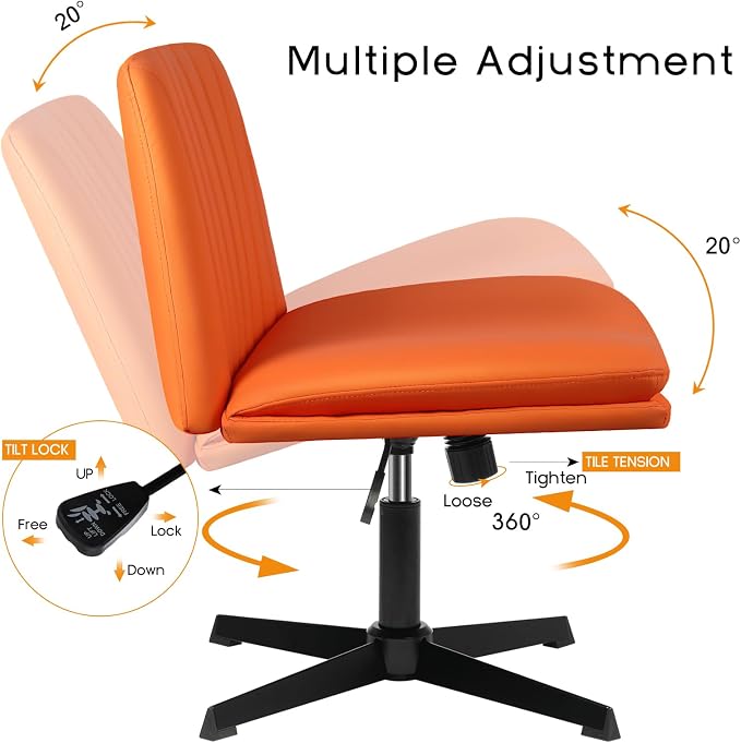 PUKAMI Criss Cross Chair,Comfy Cross Legged Office Desk Chair No Wheels,Modern Fabric Swivel Adjustable Height Mid Back Wide Seat for Home Office Computer (Pu Hermes Orange)