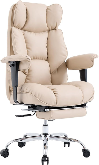 Efomao Executive Office Chair 400lbs,Beige Big and Tall Desk Chair | Mattress-grade pocket spring cushion, sleek leather, 135° recline & footrest for computer gaming setup.