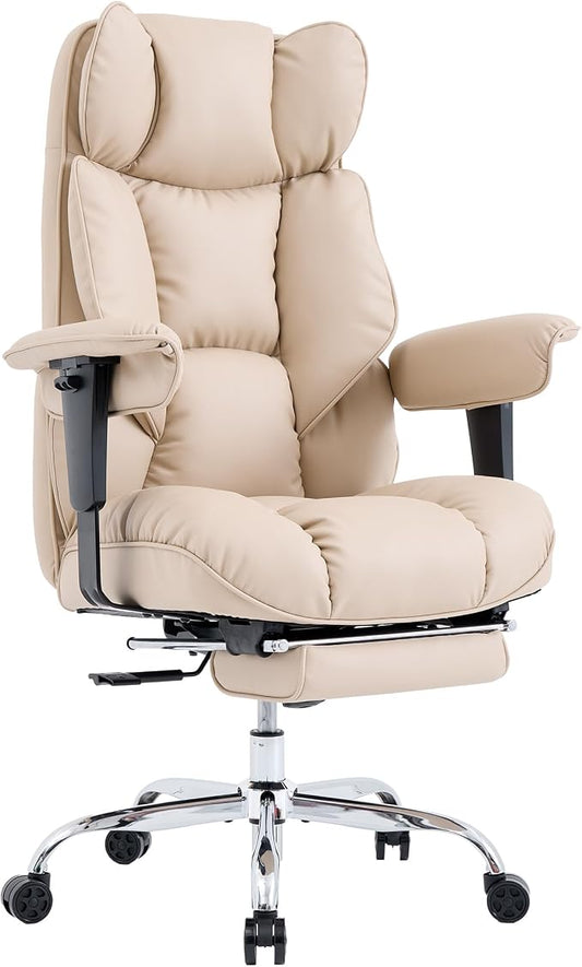 Efomao Executive Office Chair 400lbs,Beige Big and Tall Desk Chair | Mattress-grade pocket spring cushion, sleek leather, 135° recline & footrest for computer gaming setup.